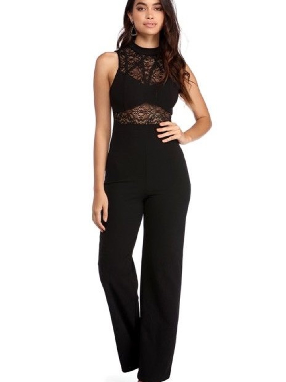 High-Neck Black Lace-Panel Jumpsuit